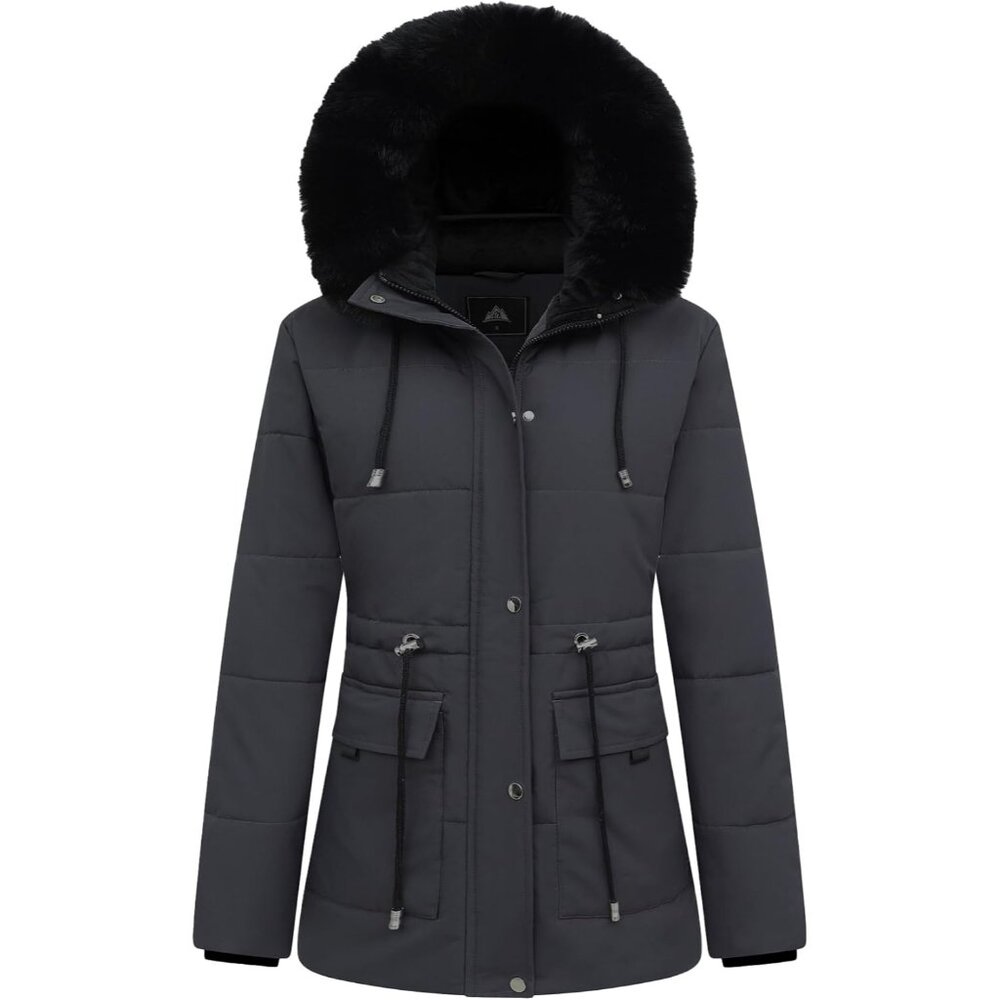 〽️Women Dark Gray Warm Winter Puffer Coat Fleece Jacket Faux Fur Detachable Hood